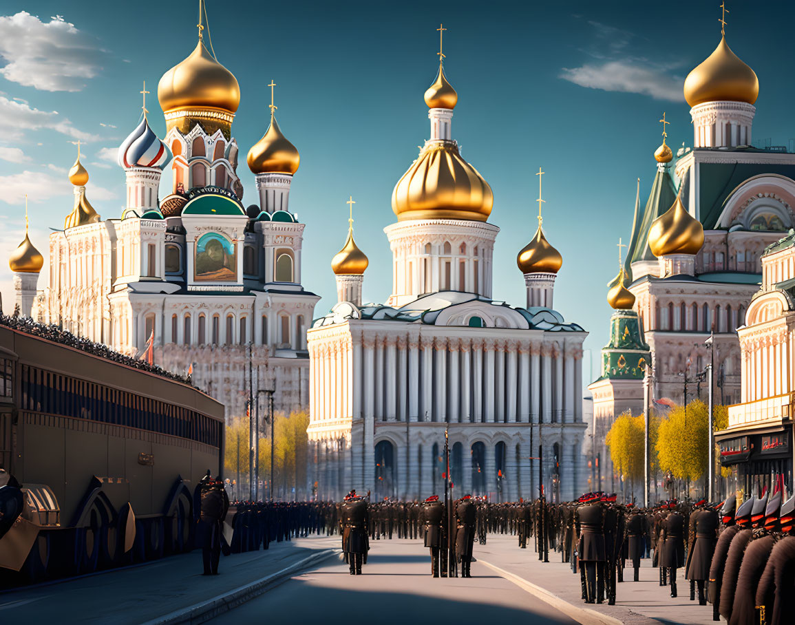 Uniformed individuals parade by ornate cathedral with golden domes