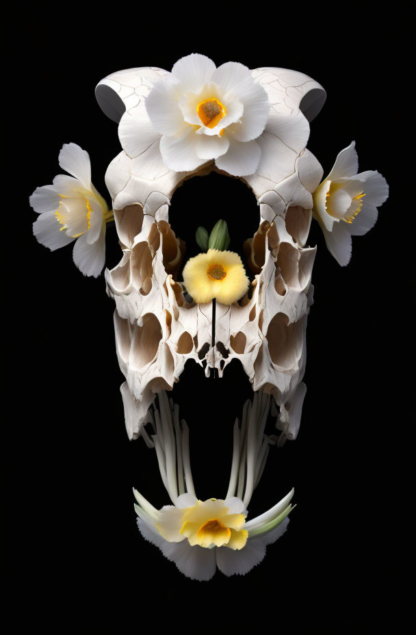 Skull decorated with white and yellow flowers symbolizing life and death contrast