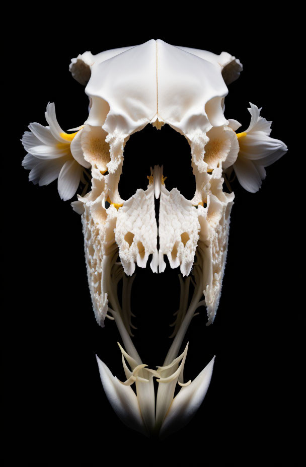 Symmetrical white animal skull and jaw on black background