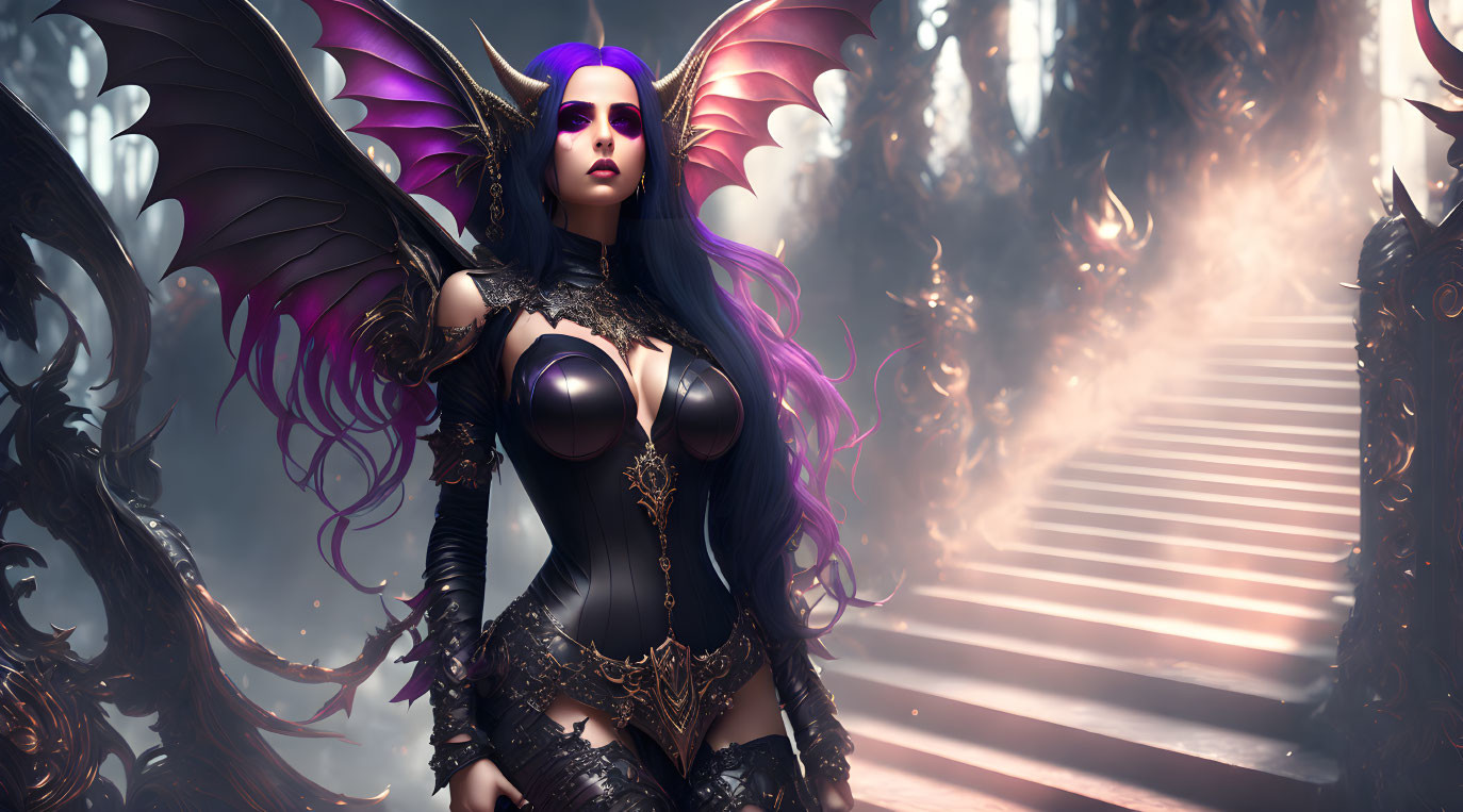 Fantasy art of woman with purple hair, colorful wings, and black armor in mystical foggy setting