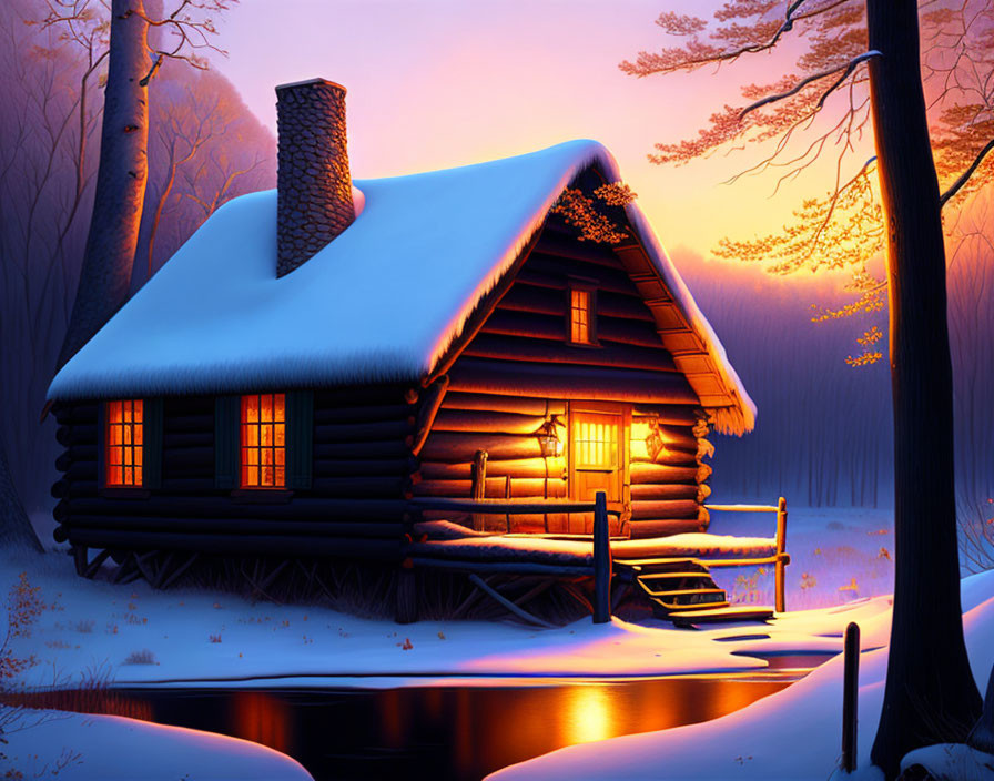 Snow-covered log cabin by frozen river in wintry forest at dusk