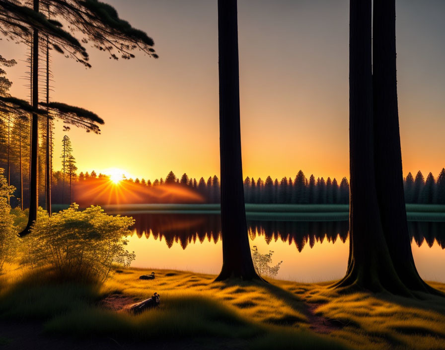 Tranquil Sunrise Scene: Lake, Forest Trees, Person, Calm Waters, Vibrant Sky