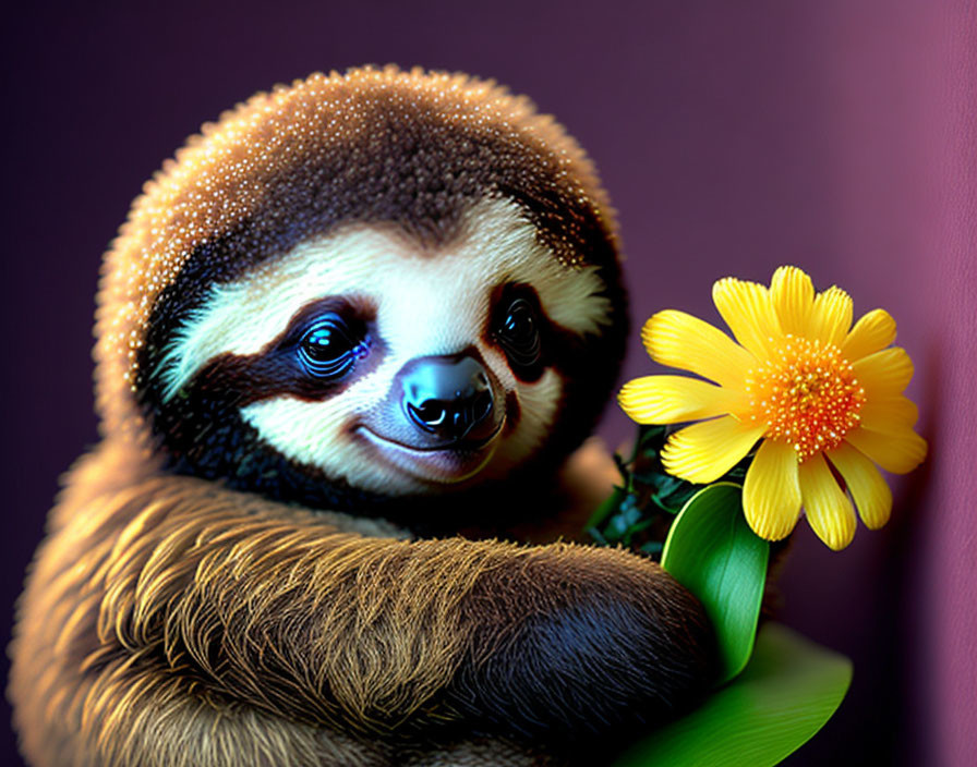 Fluffy baby sloth with yellow flower on purple background