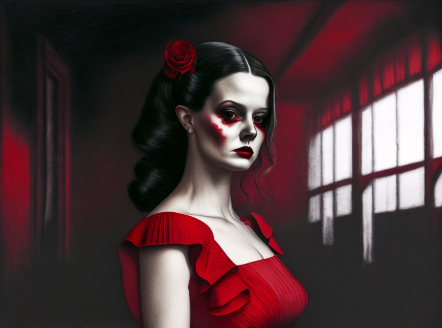 Stylized painting of woman in red dress with rose, dark hair, dramatic makeup, in red