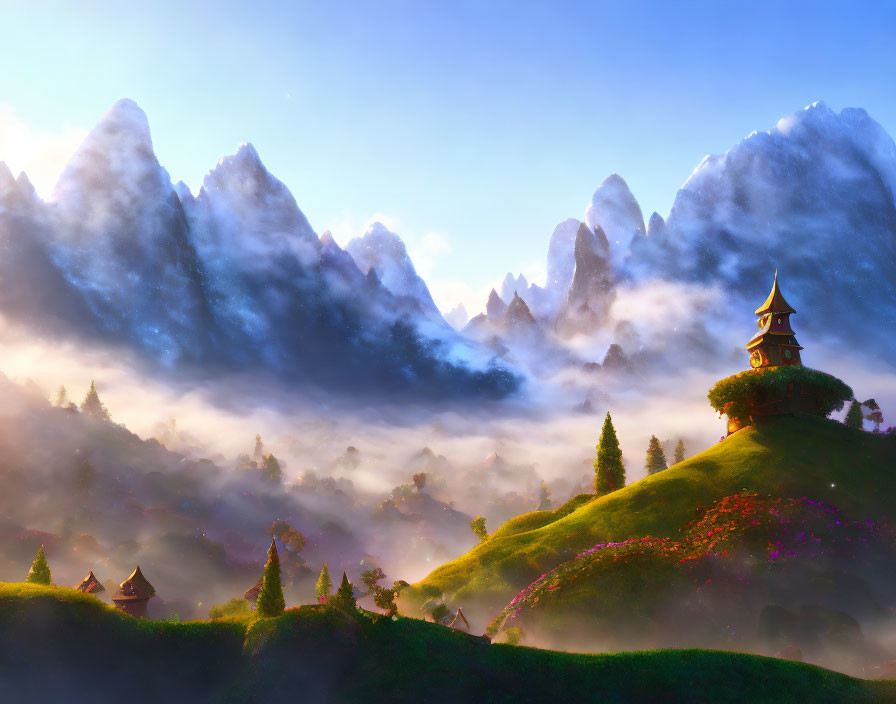 Fantasy landscape with turret hill, lush greenery, blooming flowers, misty mountains.