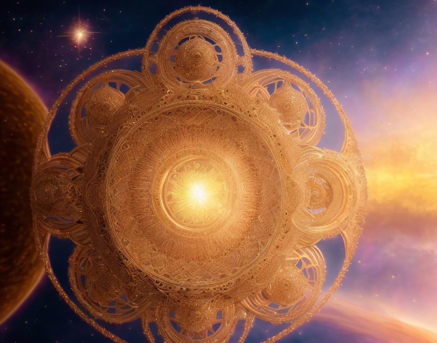 Golden fractal mandala-like object in space with bright core light and stars backdrop