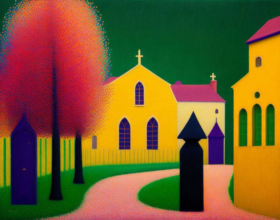 Colorful painting of two churches, dot patterns, winding path, and vibrant trees.