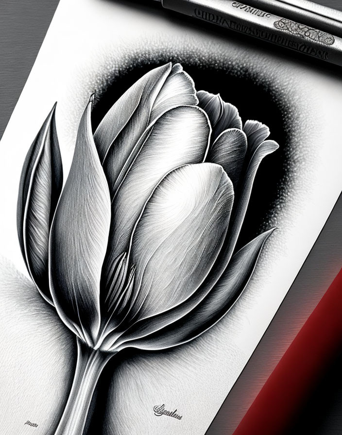 Detailed black and white tulip pencil drawing with intricate shading next to pencils on desk.