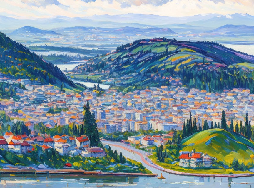 Colorful town painting: vibrant landscape with rolling hills, river, and buildings