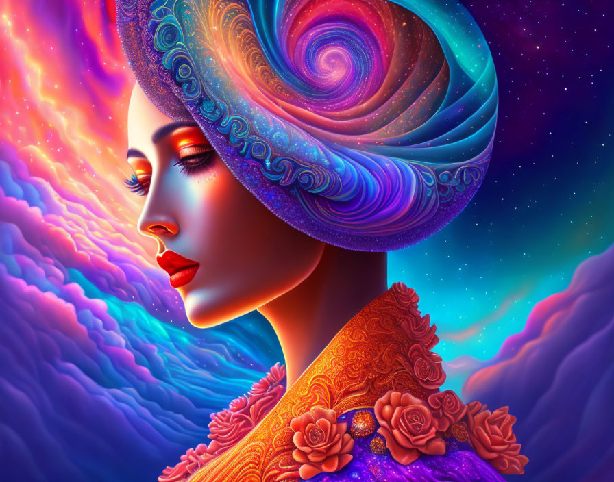 Colorful digital artwork of woman in cosmic headdress against starry backdrop