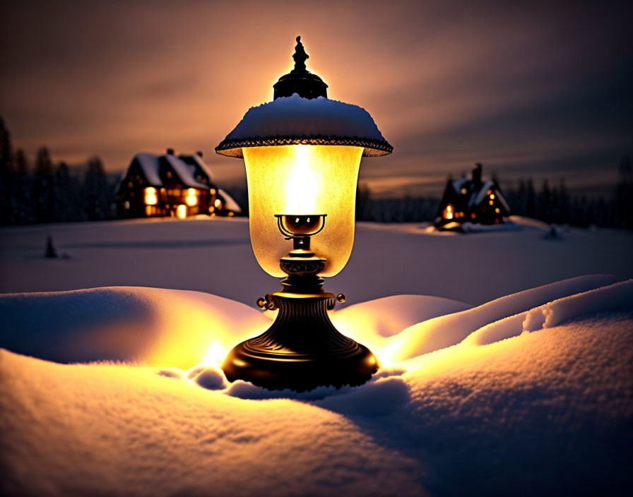 Snowy twilight scene with glowing street lamp illuminating houses.