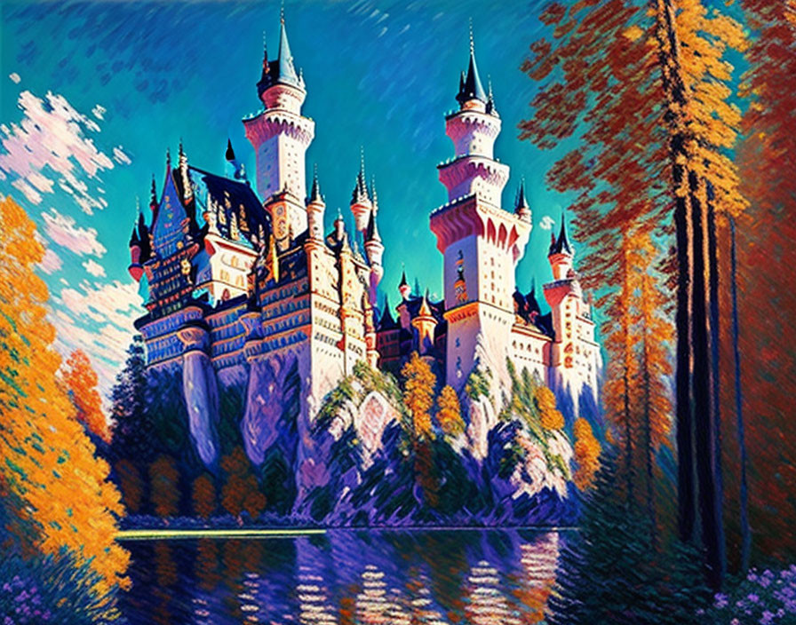 Impressionistic fairytale castle painting with spires, lake, autumn trees, blue sky