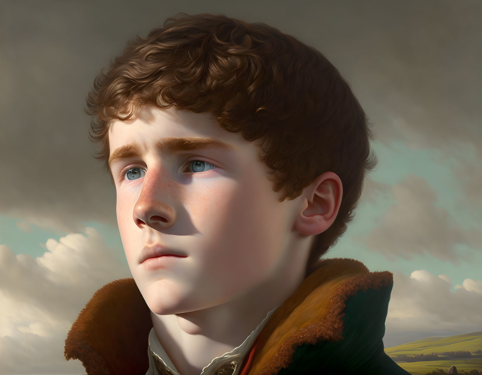 Young man with curly hair in a digital painting against cloudy sky and landscape