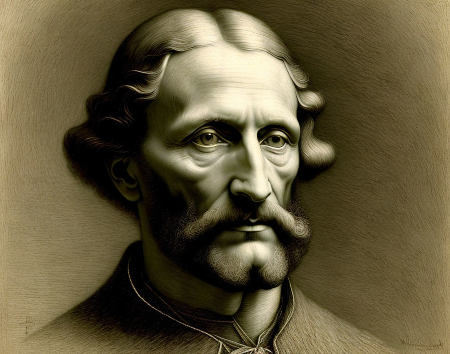 Monochrome illustration of historical male figure with shoulder-length hair, prominent nose, mustache, goatee