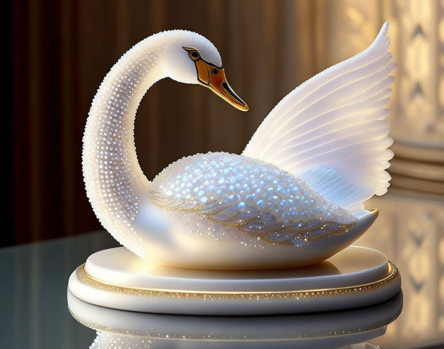 Pearl-Embellished Swan Figurine with Golden Beak on Soft-Focus Background