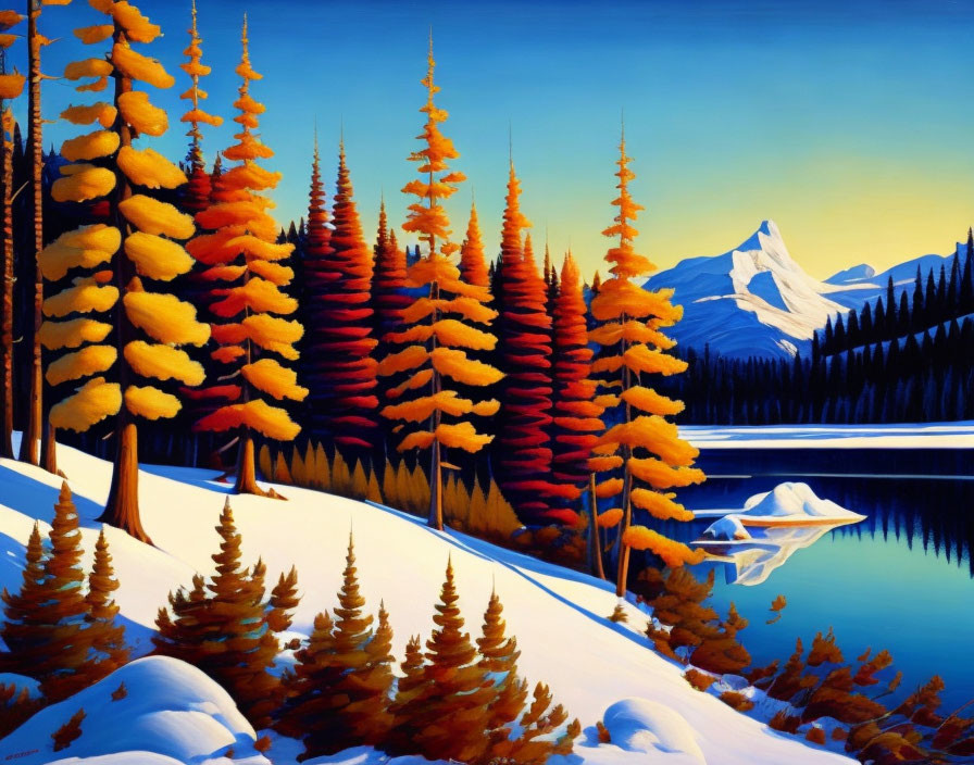 Colorful autumn trees, snowy ground, serene lake, distant snowy mountain, clear blue sky.