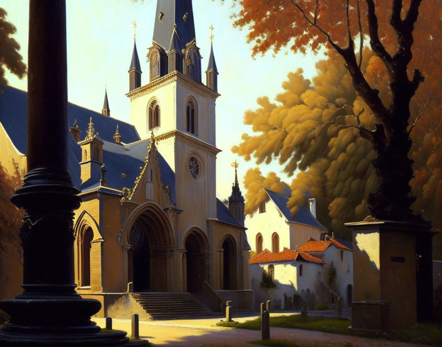 Idyllic church painting with tall spires in warm autumn setting