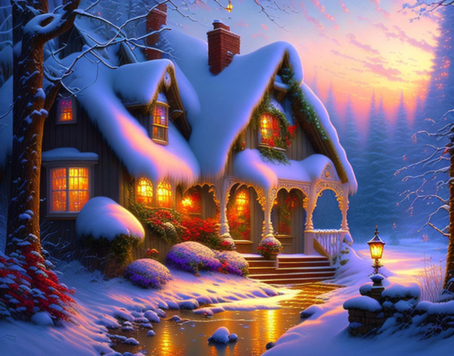 Snow-covered cottage with glowing windows and festive decorations in twilight winter scene