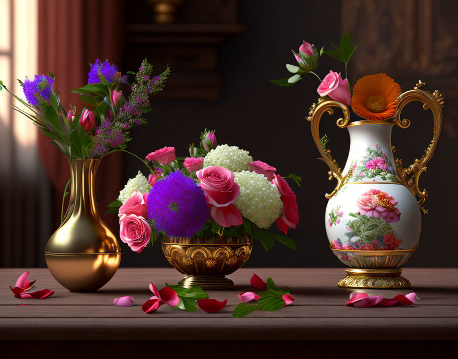 Ornate vases with flowers on wooden surface and scattered petals