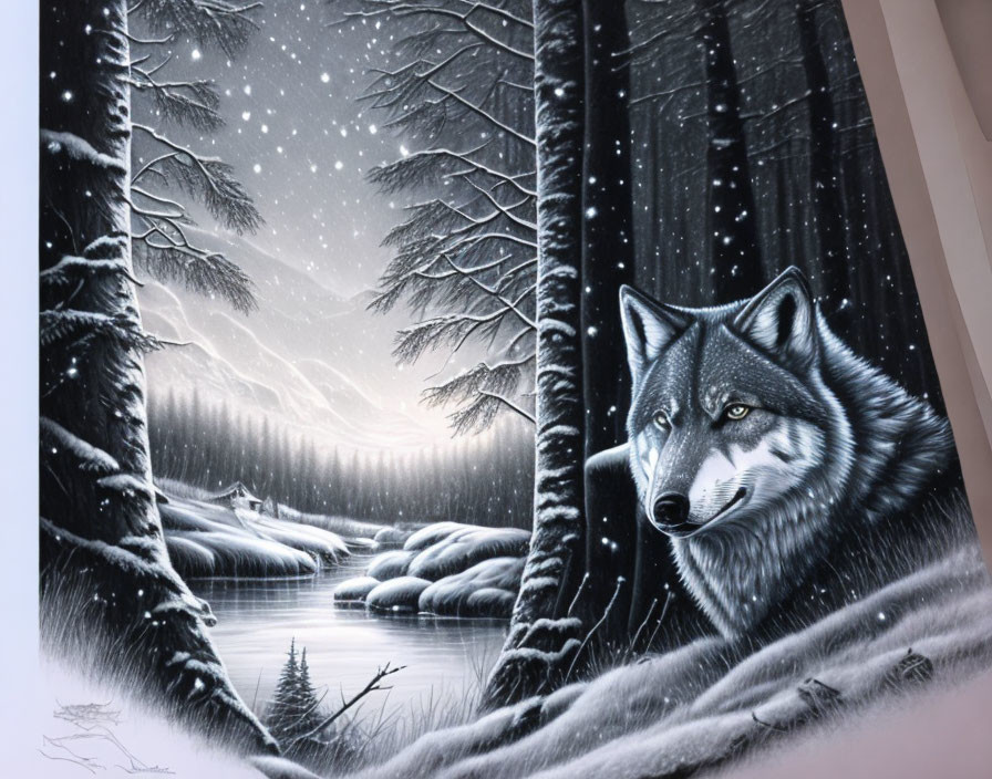 Detailed Illustration: Wolf in Wintry Forest with Snow-covered Trees, Frozen River, and Falling Snow