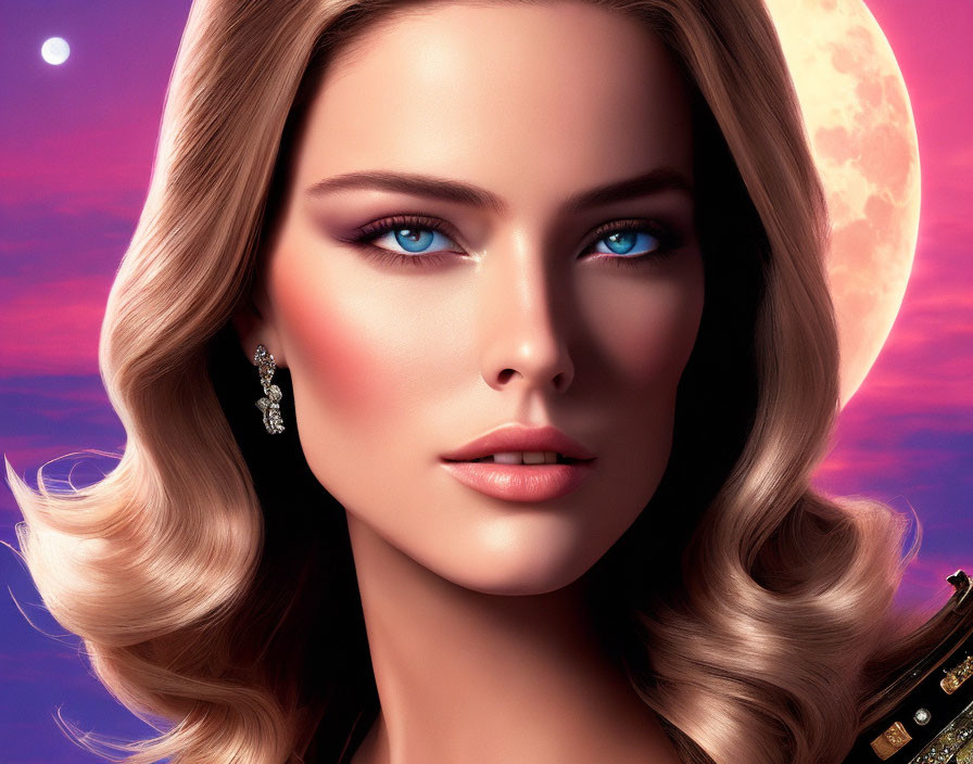 Woman with Blue Eyes and Blonde Hair in Night Sky Artwork