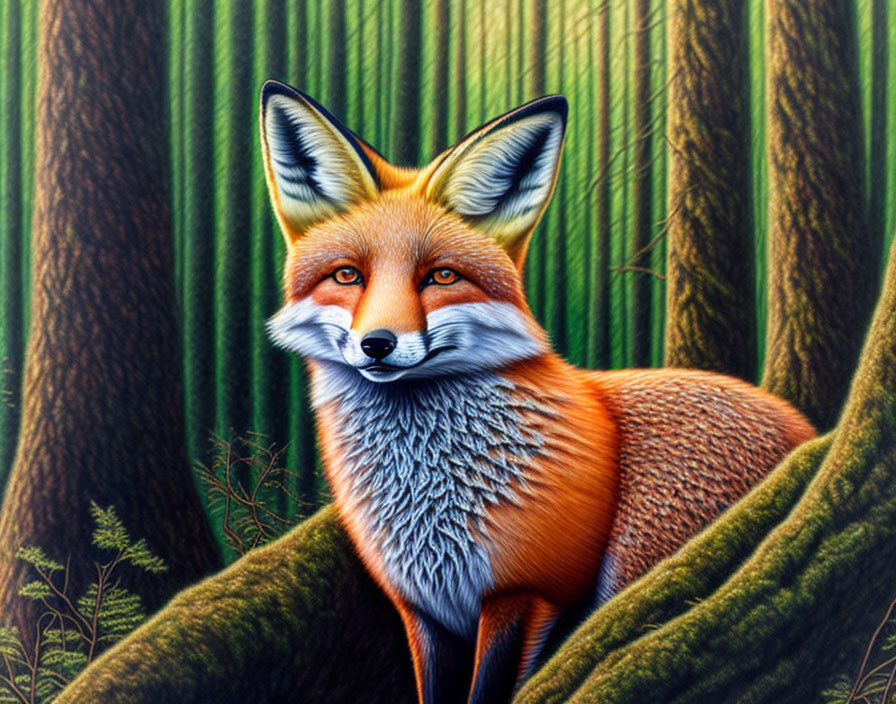 Detailed red fox illustration in dense forest with captivating eyes