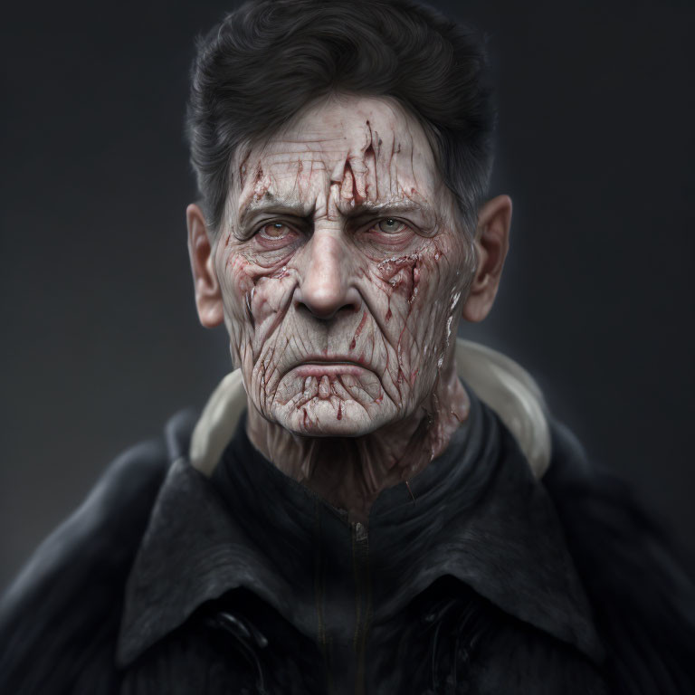 Realistic digital art: Elderly man with stern expression, blood-stained wounds.