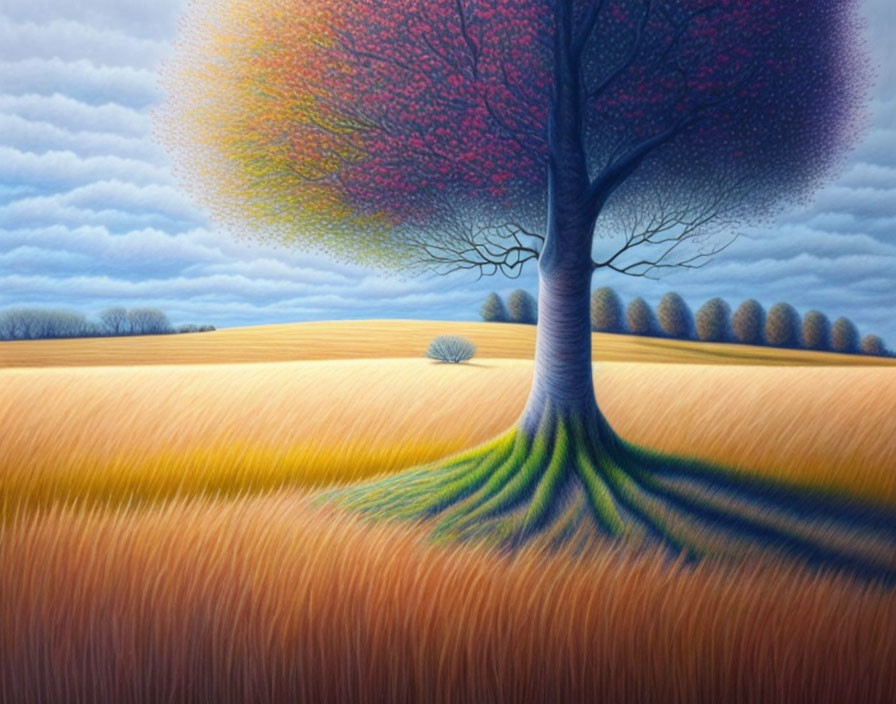 Colorful Canopy Tree Painting on Yellow Field Under Twilight Sky