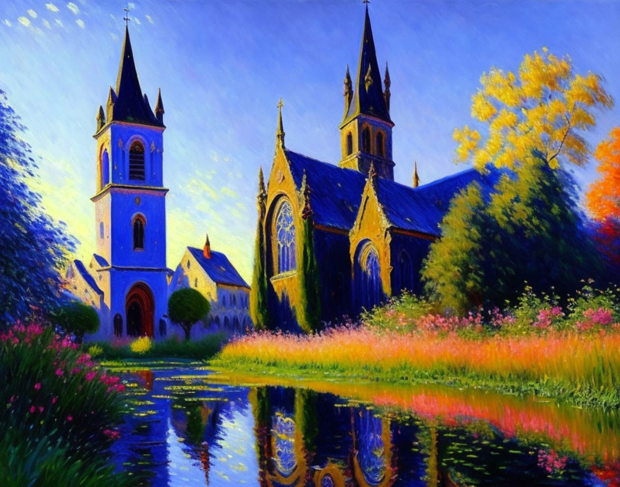 Gothic church painting with spires by calm river & lush landscape