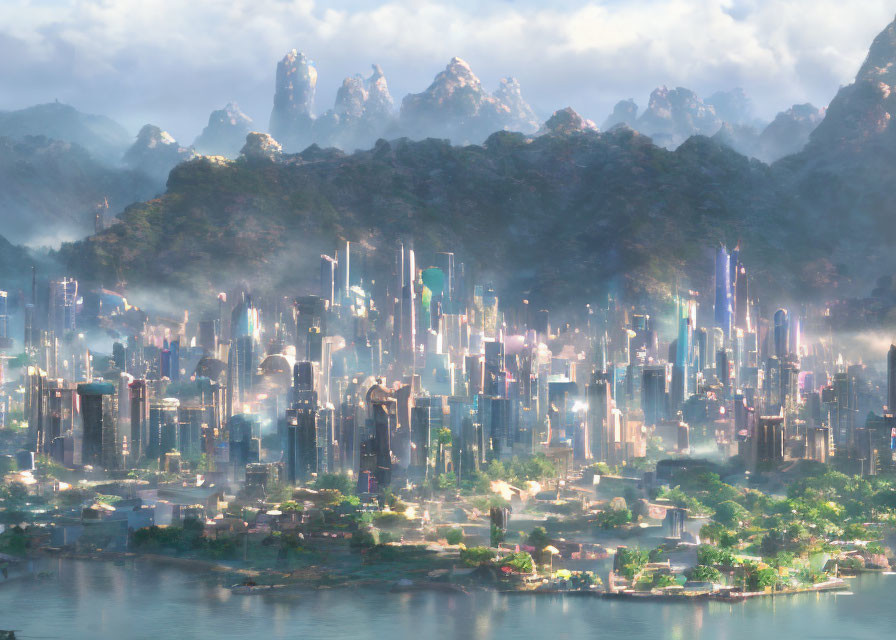 Futuristic cityscape with misty mountains and sleek skyscrapers