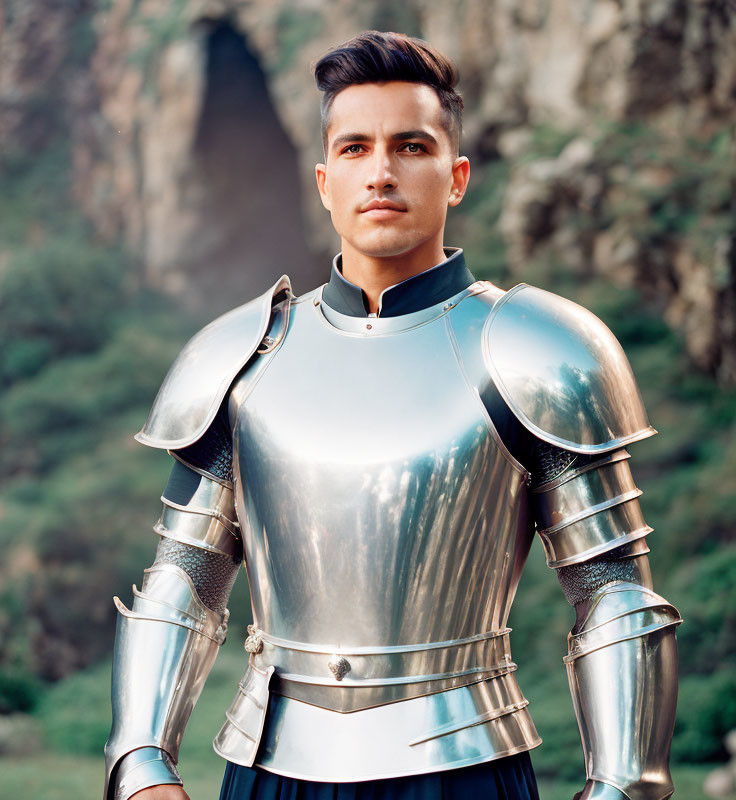 Young man in shiny armor outdoors against rocky backdrop