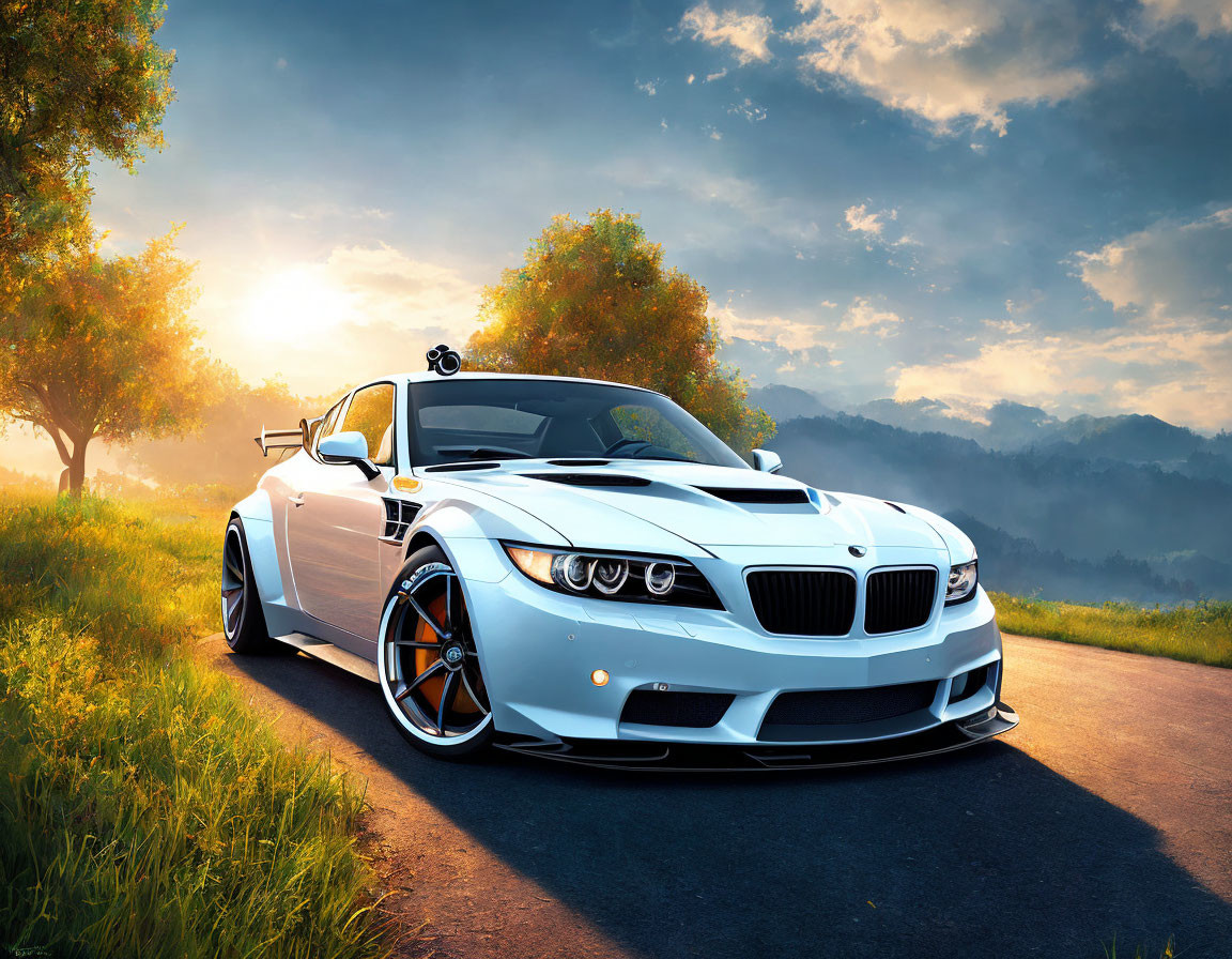 Customized BMW with wide-body kit on tranquil country road at sunrise