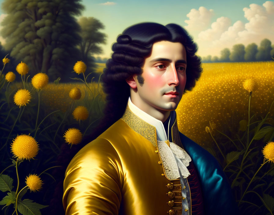 Man with Wavy Hair in 18th-Century Yellow Coat Surrounded by Yellow Flowers