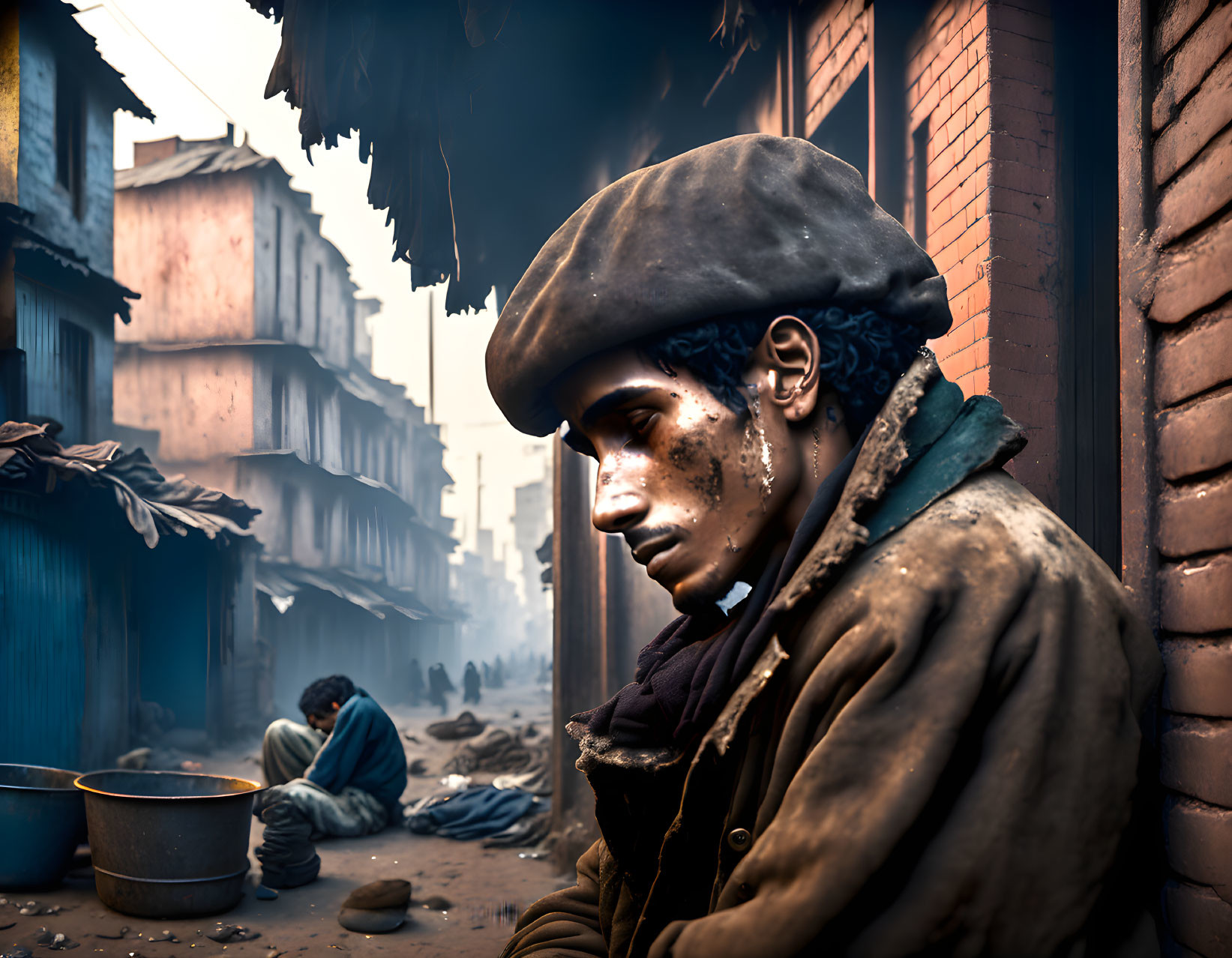 Person in beret and jacket gazes into distance in dimly lit alleyway