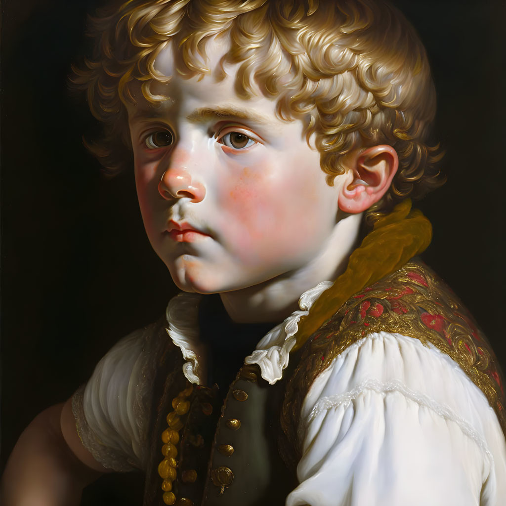 Realistic portrait of young child with curly blond hair and ornate clothing