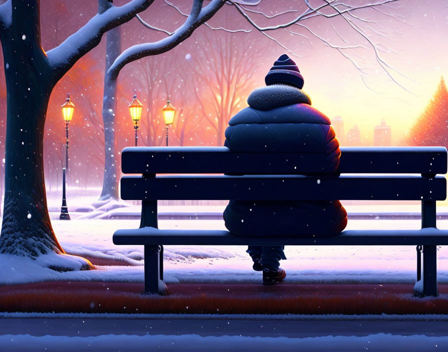 Lonely figure in winter attire on snowy park bench with glowing lamps and bare trees