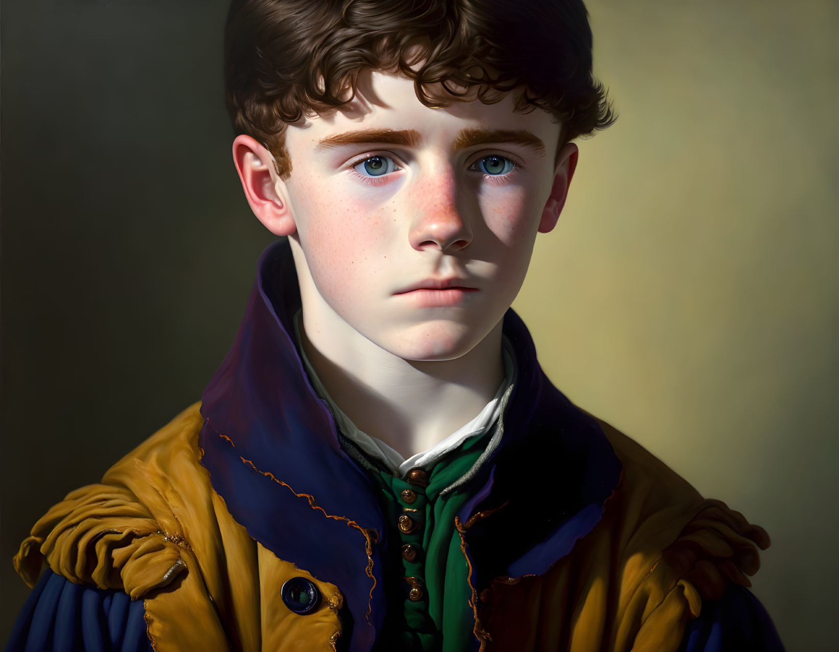 Young boy portrait with curly brown hair and blue eyes in colorful outfit