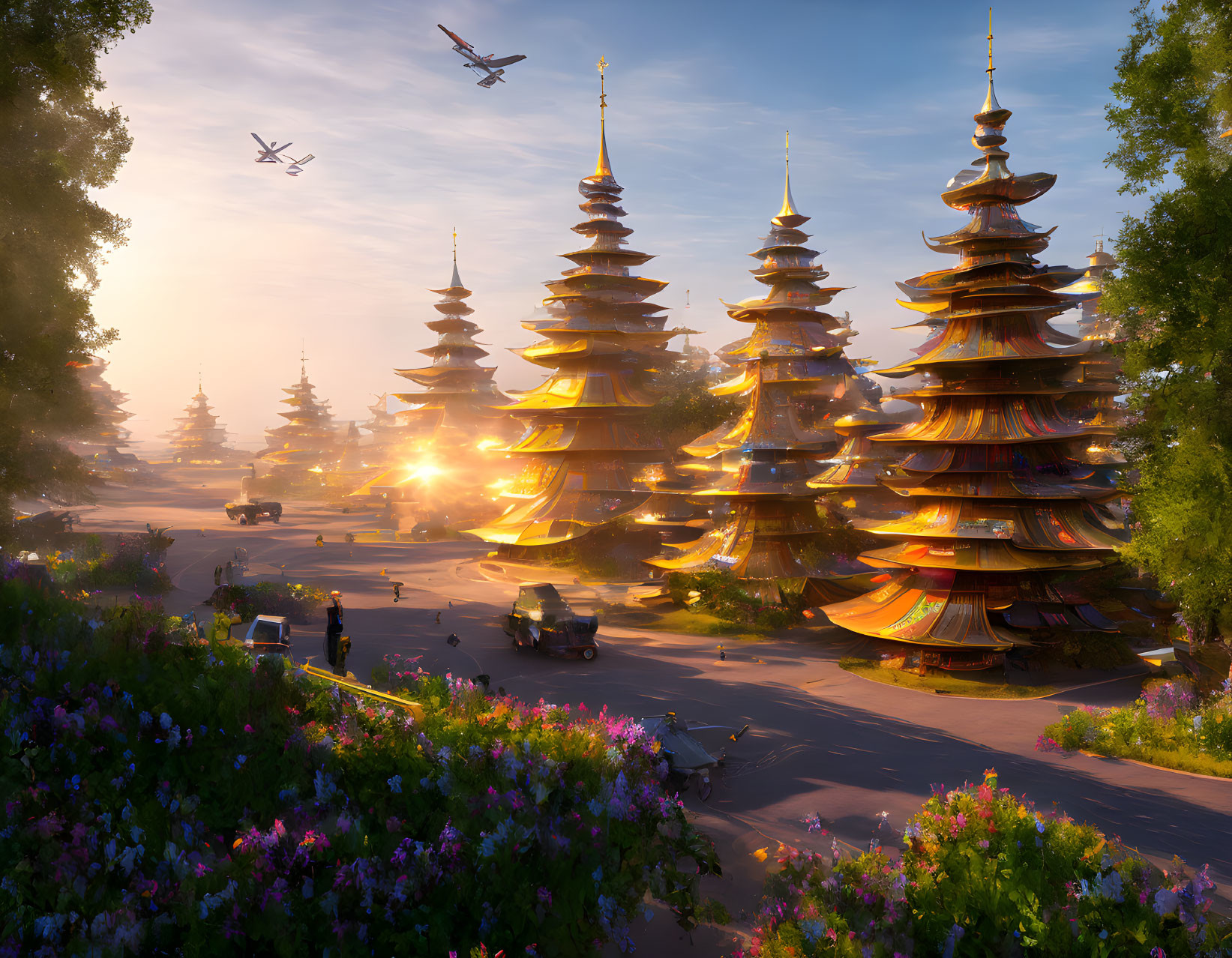 Traditional pagodas surrounded by blooming flowers and bustling activity under the warm sun.