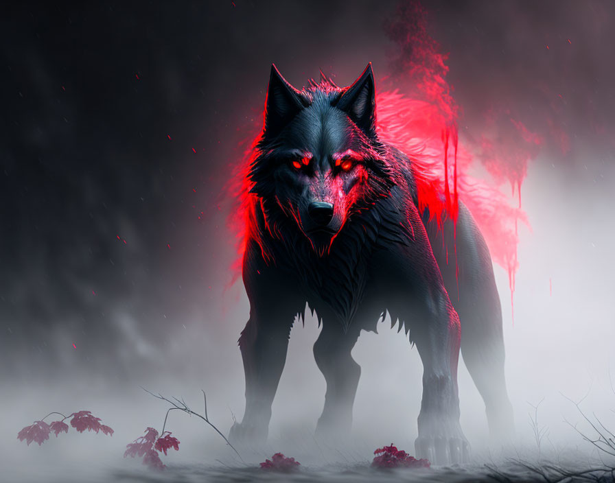 Menacing Black Wolf with Glowing Red Eyes in Eerie Setting