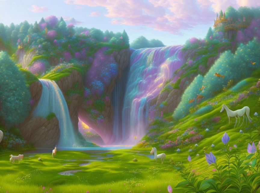 Majestic waterfall with rainbow, lush greenery, colorful flowers, and grazing white horse