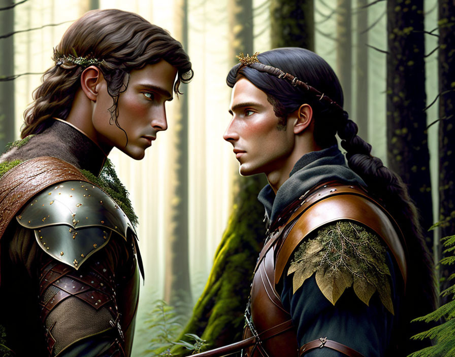 Regal elves in forest: detailed armor, leaf motifs, gold circlet, intense gaze