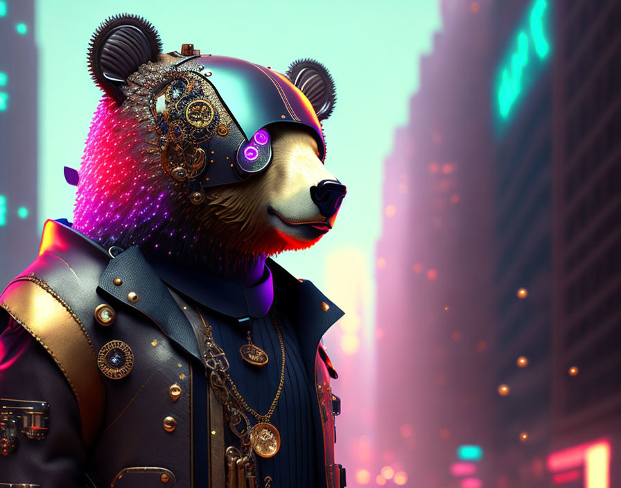 Stylized punk bear in leather jacket and sunglasses against neon cityscape