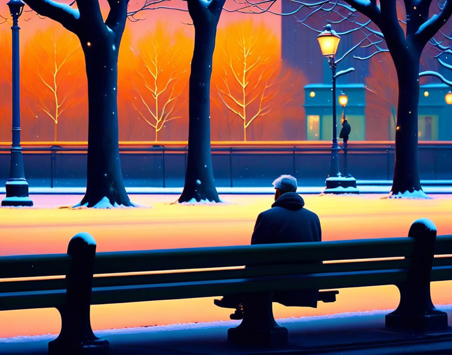 Person sitting on park bench in snowy dusk scene.