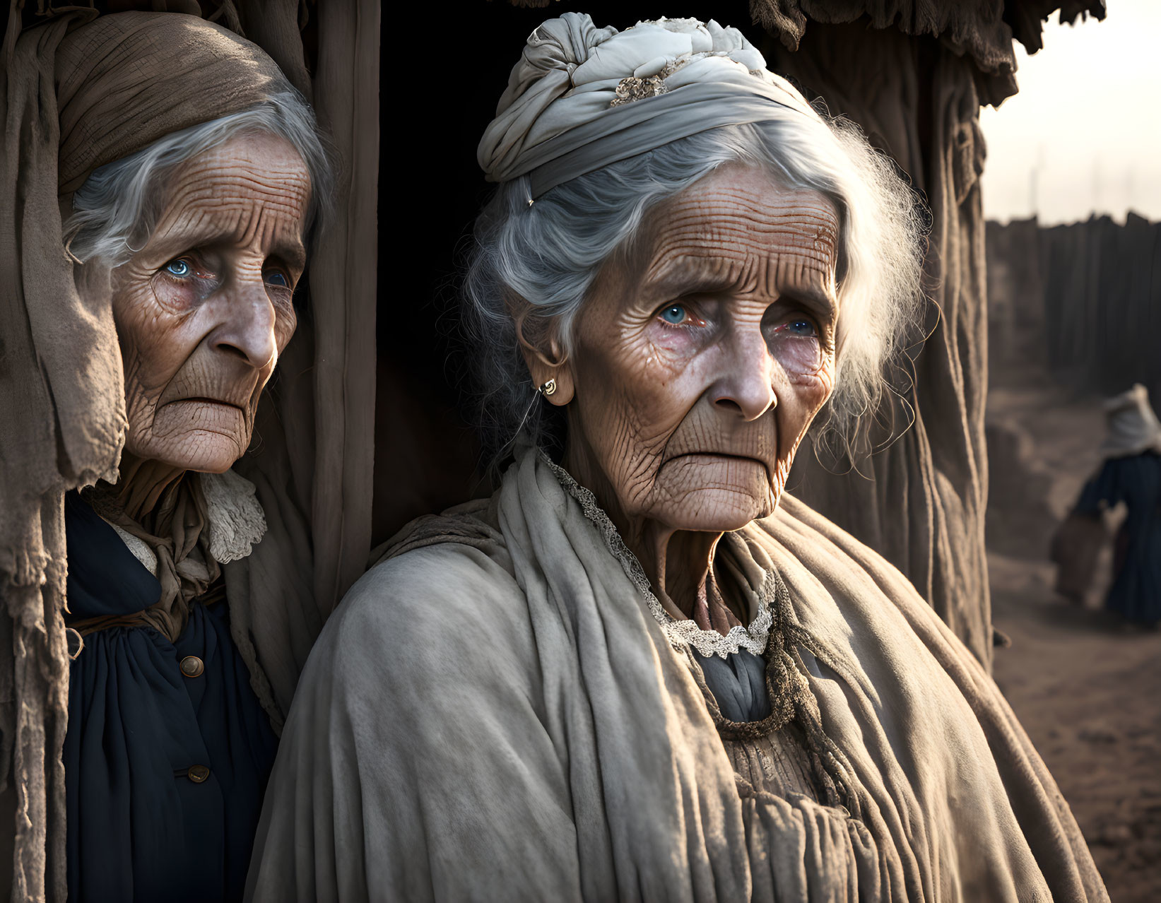 Elderly women in traditional attire near tent with reflective expressions