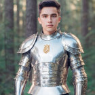 Medieval knight in armor among trees with determined expression