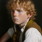 Realistic portrait of young child with curly blond hair and ornate clothing