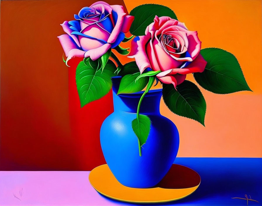 Colorful painting of two pink roses in a blue vase on yellow saucer, against orange-pink