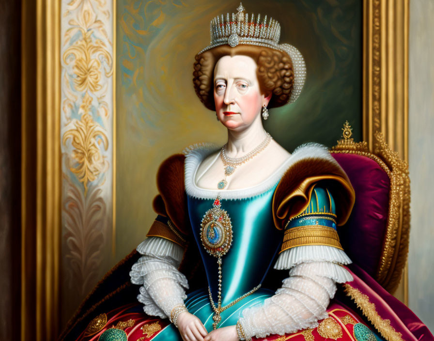 Portrait of Woman in Crown, Blue Sash, and Opulent Jewelry