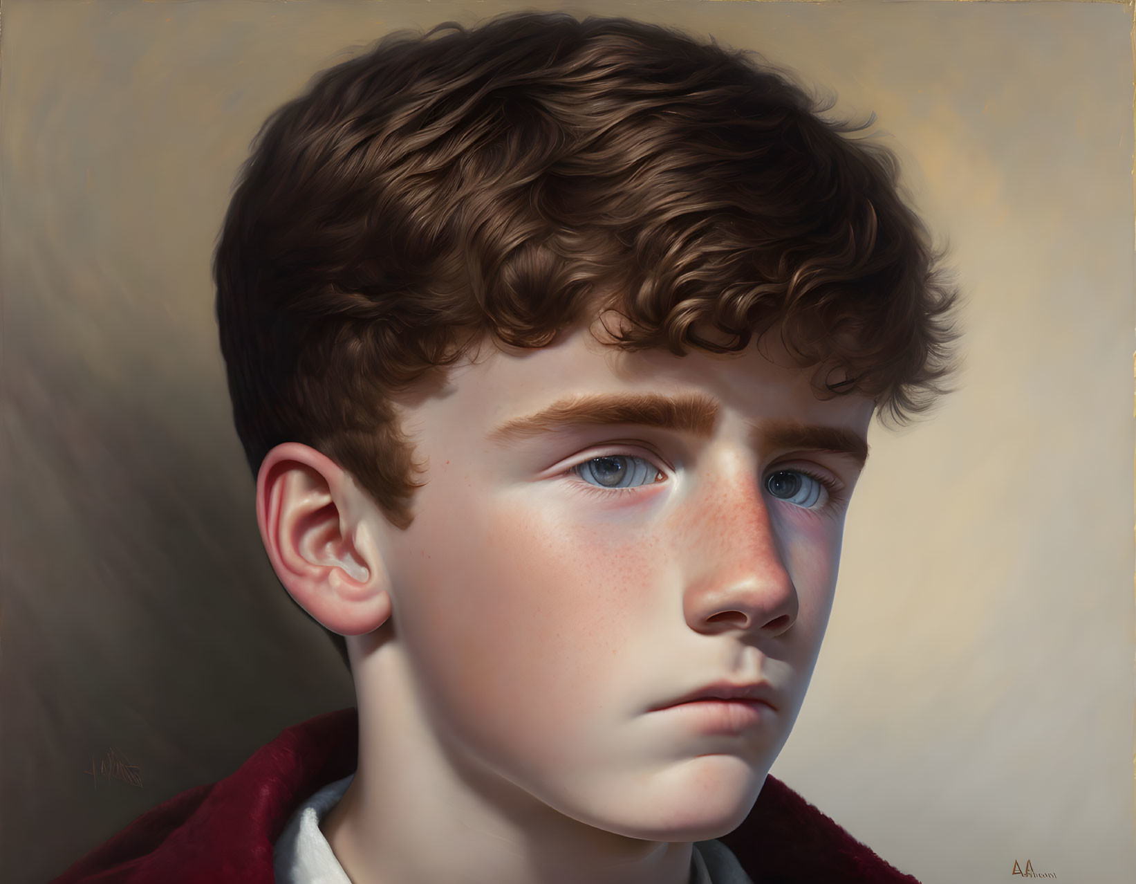 Hyper-realistic painting of young boy with curly hair and blue eyes