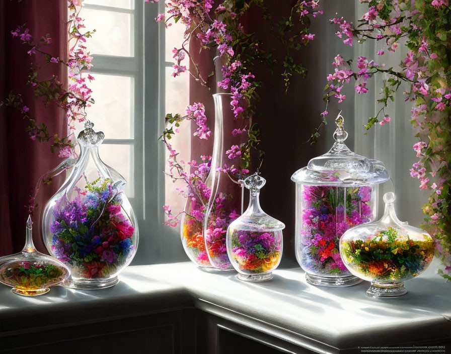 Glass vases and jars with vibrant flowers next to a sunlit window with pink branches